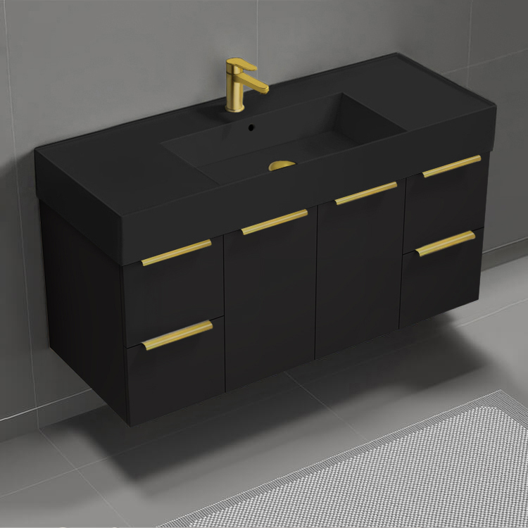 Nameeks DERIN1019 Modern Bathroom Vanity With Black Sink, Wall Mount, 48 Inch, Matte Black